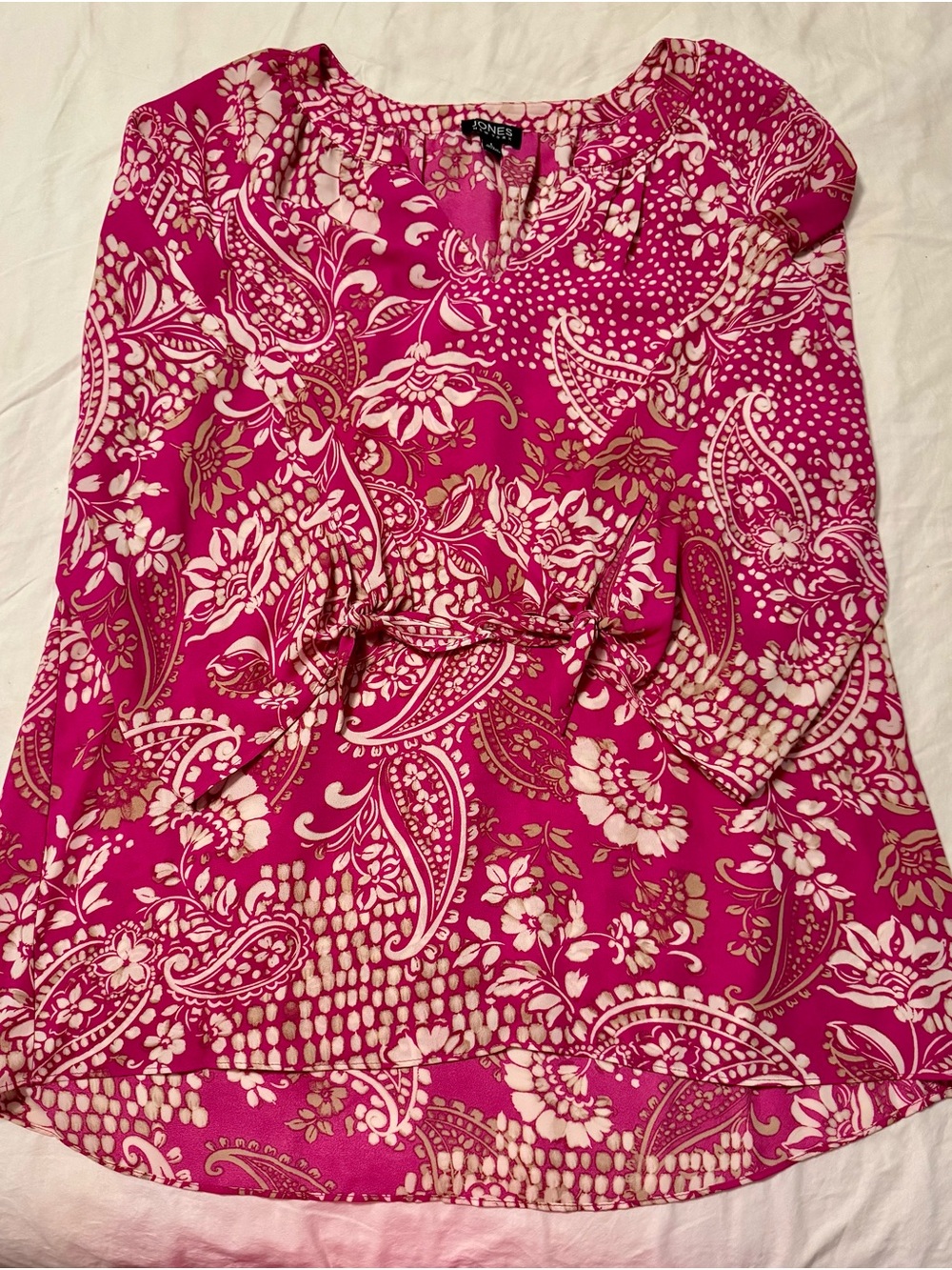 Jones New York Hot Pink and Cream Floral V-Neck Blouse